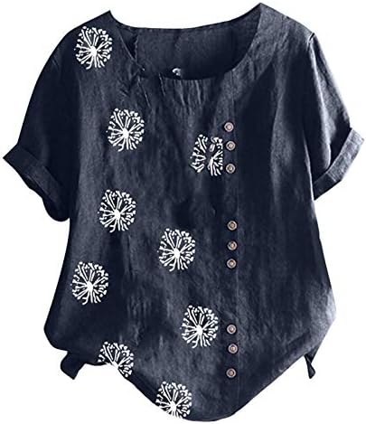 Karahindiba Keten Kadınlar için Vintage Yuvarlak Boyun Kısa Kollu T Gömlek Tops Büyük Boy Düğme Yaz Casual Bluzlar