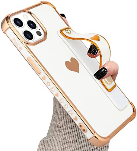 KANGHAR iPhone için Tasarlanmış 14 Pro Max Kılıf ile Kayış Lüks Aşk Kalp Kaplama Altın Tampon Telefon Kapak Bileklik