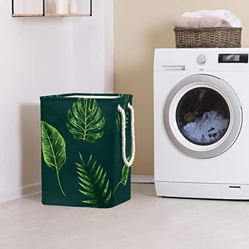 Tropikal Palmiye Yaprakları Yeşil Çamaşır Bezi Sepeti Çıkarılabilir Braketli Dahili Astar Kulplu çamaşır sepeti