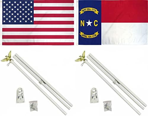 AES 3x5 3'x5 'ABD Amerikan w / Kuzey Carolina Eyaleti Bayrağı w / İki 6' Beyaz Bayrak Direği Direği Kitleri Kartal