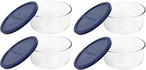 Pyrex Depolama 4-Cup Yuvarlak Tabak Koyu Mavi Plastik Kapaklı, Şeffaf (4'lü Paket)