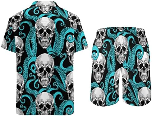 Kafatası ve Ahtapot erkek Hawaii Düğmeli Kısa Kollu Gömlek ve pantolon Yaz Plaj Kıyafetleri Gevşek Fit Eşofman