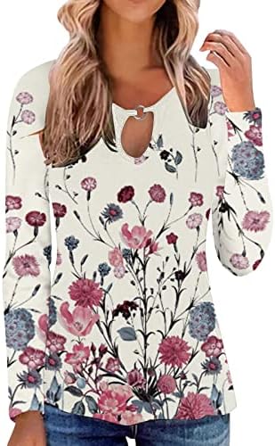 Kadın Uzun Kollu Üstleri Oymak V Boyun Anahtar Deliği Çiçek Baskı Tee Gömlek Sonbahar Rahat Gevşek Dökümlü Bluz Tunikler