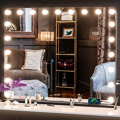 Işıklı Hasipu Büyük Makyaj Aynası, 39,4 x 31,5 Hollywood Aynası, 21 Kısılabilir Ampullü ve 10X Büyütmeli Makyaj Aynası,