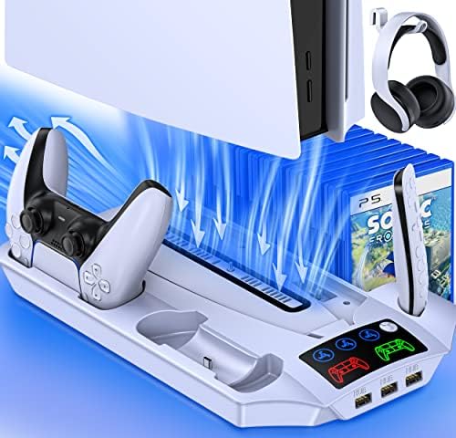 HEYLİCOOL PS5 Standı 4 Seviye Soğutma Fanı, Çift Hızlı PS5 Denetleyici şarj istasyonu 3 USB Hub, 13 Oyun Depolama
