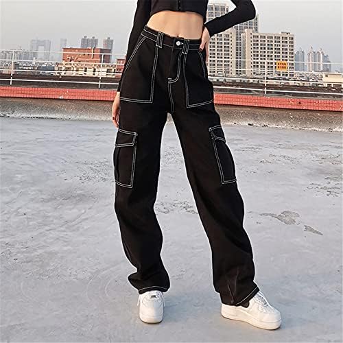 Düğme Yüksek Bel kot kadın streetwear Patchwork Cep dökümlü pantolon Elastik Düz Renk Kot İnce kot pantolon
