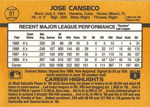 1989 Donruss 91 Jose Canseco ESKİ / NM Atletizm
