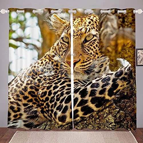 Leopar Perde Panelleri Afrika Safari Hayvanlar Pencere Perdeleri Çocuk Boys İçin Ağaç Üzerinde Yatan Pencere Perdeleri
