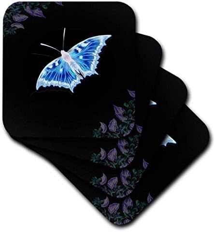 3dRose Güzel Mor Çiçek Köşeli Güzel Bir Mavi Kelebek-Yumuşak Bardak Altlığı, 8'li set
