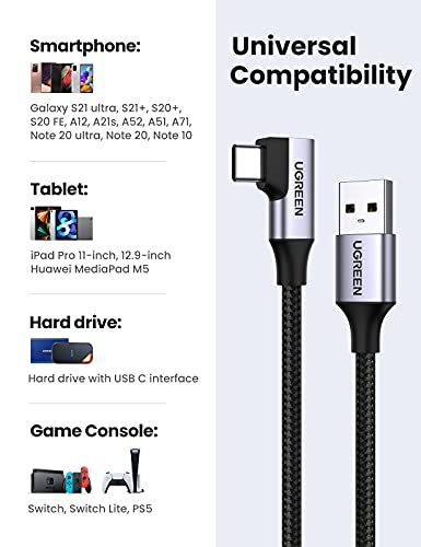 UGREEN USB C Kablosu 3.0 Hızlı Şarj, 5Gbps USB A'dan USB C'ye Kablo Dik Açı,Naylon Örgülü Tip C Kablosu Galaxy S10/S10+,
