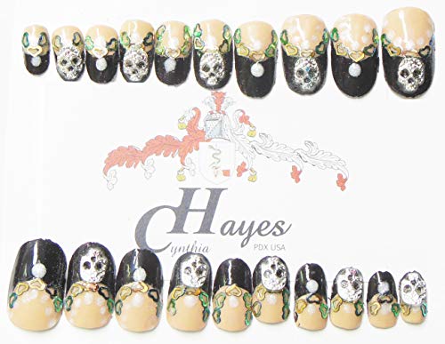 Cynthia Hayes Basmalı Tırnaklar Oval Geniş Kısa 'Los Muertos' Fransız Siyah Tam Set 20 Adet