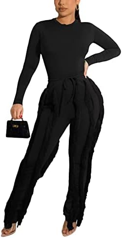 Annystore İki Parçalı Kıyafetler Kadınlar için Kolsuz Uzun Kollu Üstleri Saçak Püskül Uzun Pantolon Setleri Parti