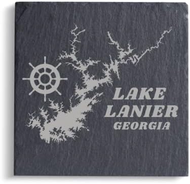 Lake Lanier Georgia Kayrak Bardak Altlığı Seti 4 Lazerle Kazınmış, Gri
