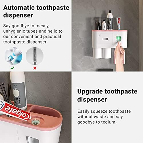 Otomatik Diş Macunu Dağıtıcılı Aeakey Duvara Monte Diş Fırçası Tutucuları-Banyo Organizasyonu için Sıkacağı, 2 Bardak