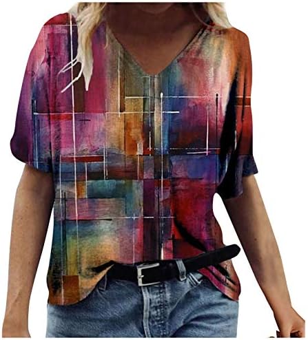 Kadınlar için kısa Kollu Gömlek Kadın Yaz V Boyun Tişört Üst Moda Rahat Baskı Gevşek Fit Bluz Kısa Kollu Artı