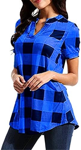 Andongnywell Kadın Kısa Kollu Rahat Ekose V Yaka Gevşek Gömlek Üst Kostüm Bluz Tunikler Gömlek t shirt