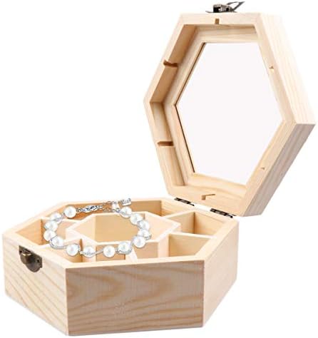 FOMİYES Ahşap Mücevher Kutusu Şeffaf Üst Kapaklı Boyasız ahşap hediye kutusu Altıgen saklama kutusu DIY Hazine saklama