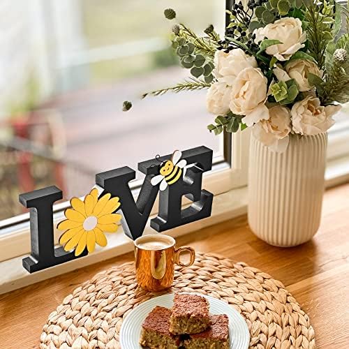 JİNNSEİYOİ Aşk Ahşap Işaretleri Bahar Süslemeleri, Arı ve Ayçiçeği ile Ahşap Mektup Blokları, Rustik Çiftlik Evi masa