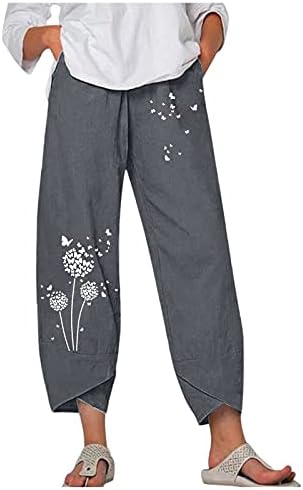 Rahat kapri pantolonlar Kadınlar için Yaz Pamuk Keten Pijama Pantolon Çiçek Baskı Gevşek Fit Spor salonu cepli pantolon