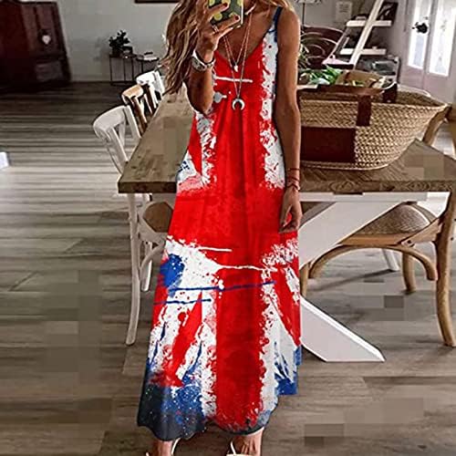LzeAL kadın 4th Temmuz Amerikan Bayrağı Kolsuz Sundress ABD Bayrağı Elbise Bağımsızlık Günü Wrap Plaj Flowy Uzun Elbiseler
