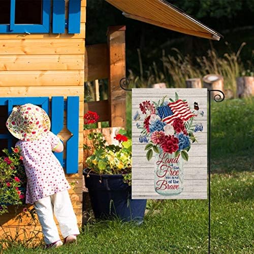 FİBEROMANCE Vatansever Rustik Çiçek Bahçe Bayrağı 12x18 inç Ev Arazi Cesur Mason Kavanoz Çiçek 4 Temmuz Şerit ve Yıldız