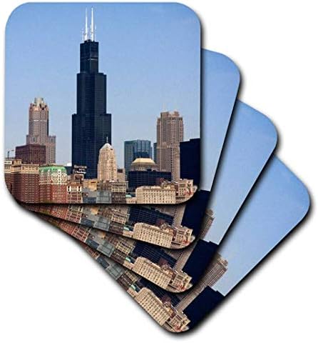 3dRose CST_90187_1 Willis ve Sears Kulesi, Chicago Nehri, Il-Us14 Dfr0095-David R. Frazier-Yumuşak Bardak Altlıkları,