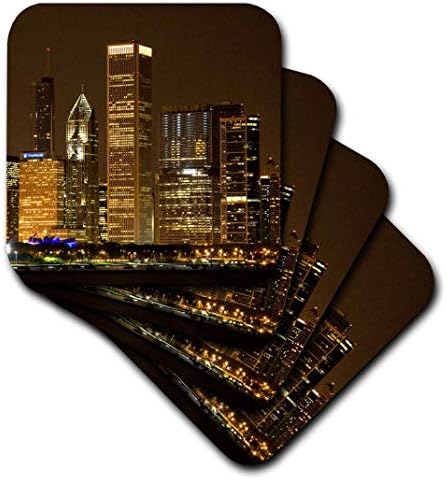 3dRose CST_90191_1 Geceleri Chicago Silüeti, Illinois-Us14 Dfr0127-David R. Frazier-Yumuşak Bardak Altlıkları, 4'lü