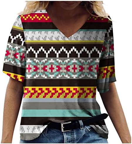 Kadınlar için yaz Üstleri, bayan Üstleri Rahat V Boyun T Shirt Vintage Baskılı Rahat Bluzlar Kısa Kollu Tunikler Tees
