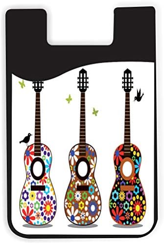 Gitar ile Çiçekler Tasarım-Silikon 3 M Yapıştırıcı Kredi Kartı Sopa-on Cüzdan Kılıfı için iPhone / Galaxy Android
