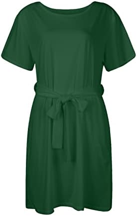DOPOCQ kadın Yaz Casual Midi Elbiseler Çizgili Kısa Kollu T Gömlek Elbise Crewneck Kravat Bel Cepler ile