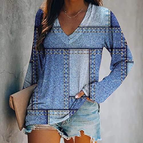 Kadın Sonbahar Fener Kollu Gömlek Şık Rahat Uzun Kollu Renkli Kiremit Ekose Tunik Üstleri Artı Boyutu V Boyun Tişörtü