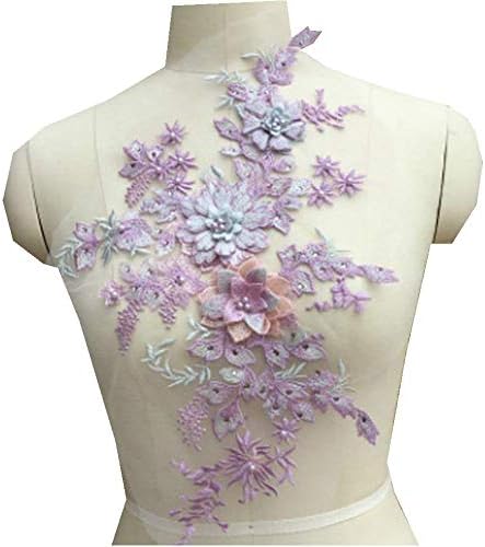 Renkli 3D Çiçek Nakış Yamalar Gelin Dantel Dikiş Kumaş Aplike Boncuklu İnci Tül DIY düğün elbisesi (Mor)