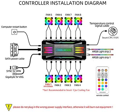 Bilgisayar ARgb Fan sıcaklık kontrol entegratörü, uzaktan kumanda ışık değişimi, 8 sıcaklık kontrolü 4pin bağlantı