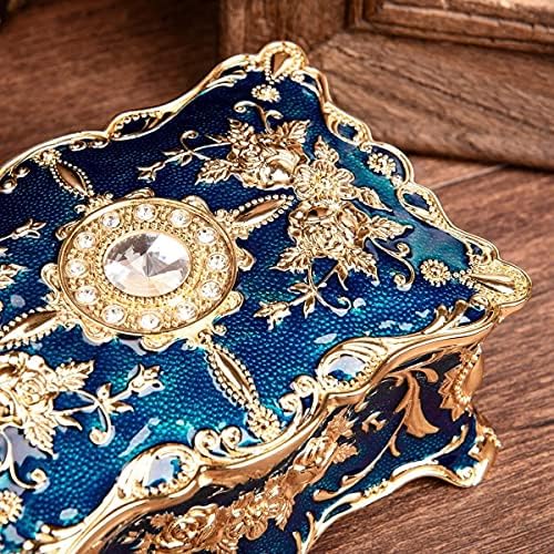 Lieber Aydınlatma Takı Depolama Rafı Vintage Dikdörtgen Mavi Biblo Kutusu Mücevher Kutusu Süslü Antika Kaplama Kazınmış