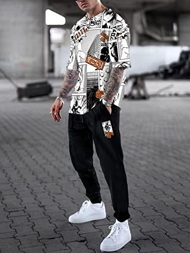 FİOXA İki Parçalı Kıyafetler Erkekler için Erkekler Pop sanat baskı Tee ve İpli Bel Sweatpants (Renk: Siyah / Beyaz,