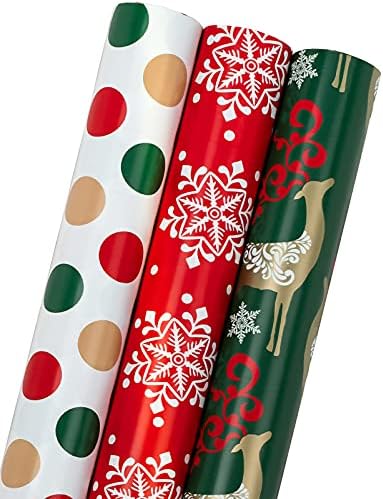 MAYPLUSS Noel Ambalaj Kağıdı Rulosu - Mini Rulo - Rulo başına 17 inç X 120 inç - 3 Farklı Kırmızı Altın Geyik ve Kar