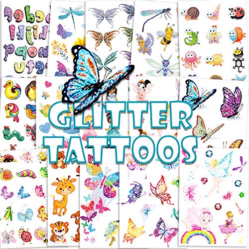 Konsait Çocuklar için 180 adet Glitter Dövmeler, Glitter Flaş Geçici Dövmeler Çiçek Peri / Prenses/Kelebek / Hayvan