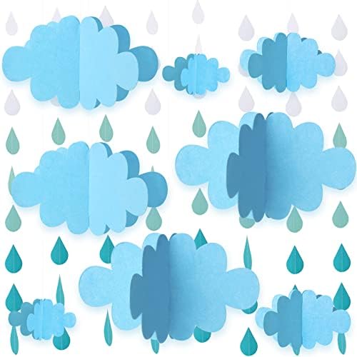 16 PCS 3D Bulut Yağmur Damlaları Dekorasyon, 4 Boyutları Mavi Asılı Keçe Bulutlar için Tavan, Kağıt Yağmur Damlası