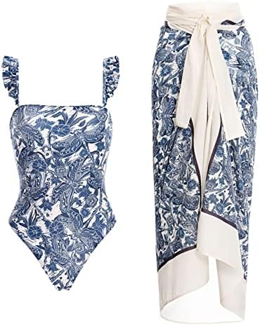 Knosfe 2 Adet Kadınlar bikini seti Fırfır Kollu Karın Kontrol Mayolar Çiçek Baskı Spagetti Kayışı Beachwear Coverups