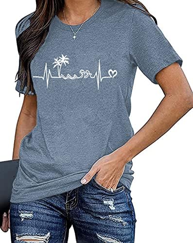 Plaj Kalp Atışı T Shirt Kadınlar için Aşk Kalp Grafik Tees Baskı Gömlek Kısa Kollu Casual Yaz Tatili Tee Tops