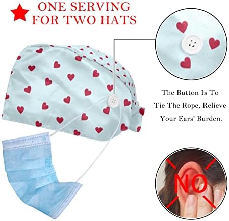 Fırçalama Düğmeleri ile Caps Saç Kapak Türban Kapaklar İş Şapka Hemşirelik Pet Kliniği Kap 2 Parça, kırmızı Kalp Mavi