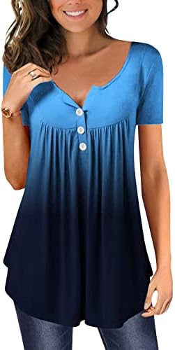 Kadınlar için Degrade Baskılı Rahat Gizlemek Göbek Tunik V Yaka Sevimli Flowy Henley Gömlek kısa kollu bol tişört