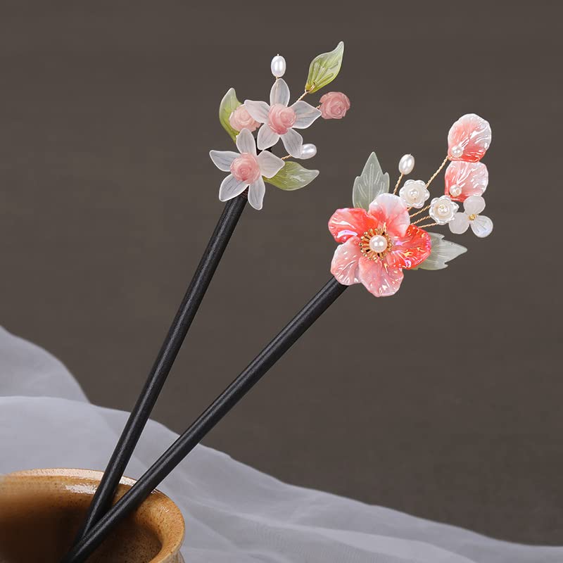 2 Adet Rabithenn Çin Tarzı Saç Sopa Çiçek Ahşap Saç Çubuklarını Retro Çiçek Dekor Püskül ile Ahşap El Yapımı Saç Tokası