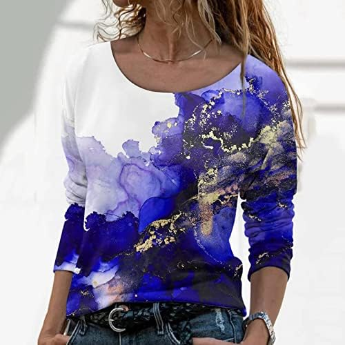 Bluzlar Genç Kız için Uzun Kollu Tekne Boyun Renk Blok Mermer Grafik Zayıflama Tunikler Bluzlar Bayan 2023 MR