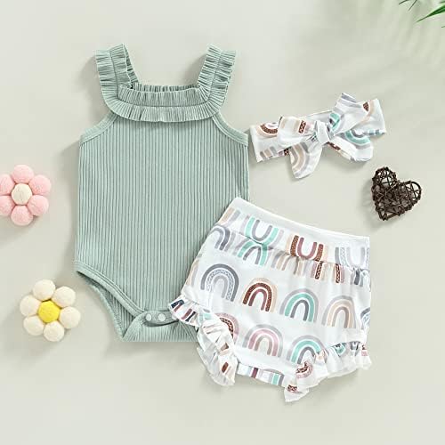 LIOMENGZI Yenidoğan Bebek Kız yaz giysileri Kıyafetler Set Çiçek Baskı Katı Romper Tops İpli Kısa Kafa Giyim Seti