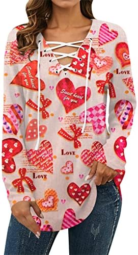 Sevgililer Günü Gömlek Kadınlar için V Boyun Uzun Kollu Gömlek İpli Aşk Kalp Sevgililer Giyim Tops