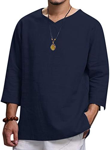 Erkek Yeni Pamuk Kenevir Saf Renk Yaz Üst Rahat Moda 3/4 Kollu V Yaka bluz Gömlek M-4XL