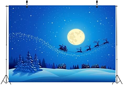 BELECO 10x8ft Kumaş Noel Zemin Fantezi Gece Ay ve Yıldızlar Noel Baba Ren Geyiği Kış Kar Dağ Tepeleri Köy Noel Ağaçları