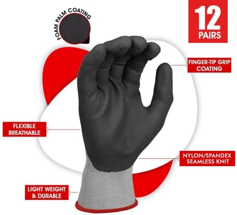 DULFİNE 12 Çift Mikro Köpük Nitril Kaplı iş eldivenleri ve Erkekler için 12 Çift PU Kaplı iş eldivenleri