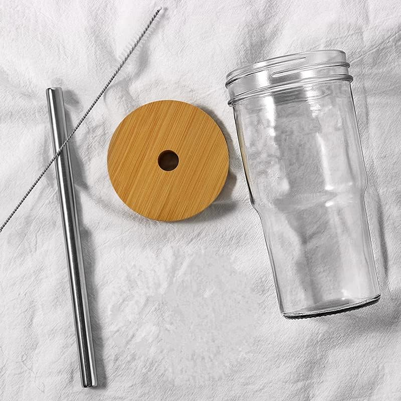 Bambu Kapaklı ve Pipetli Cam Bardaklar, 4 Paket 22oz Yeniden Kullanılabilir Boba Bardağı Geniş Ağızlı Smoothie Bardağı